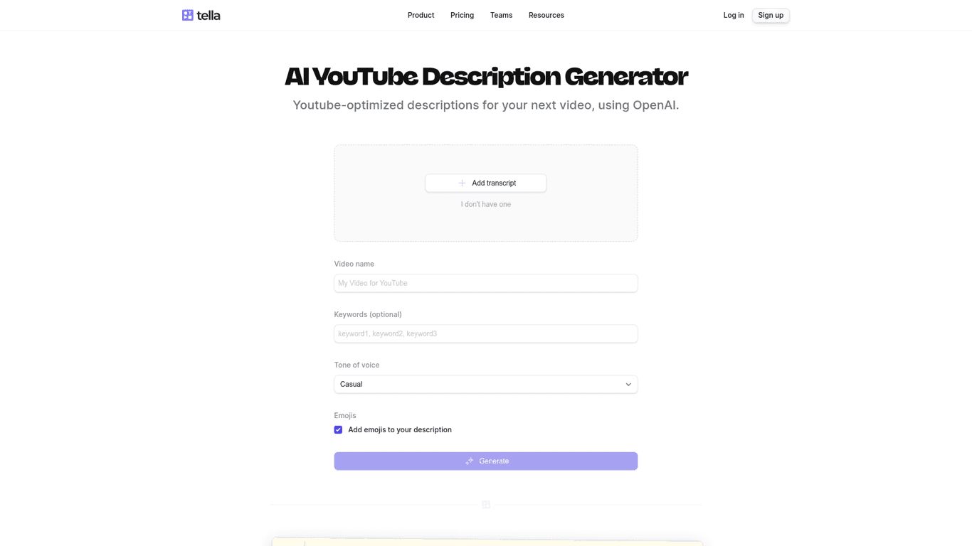 AI YouTube Description Generator landing page screenshot