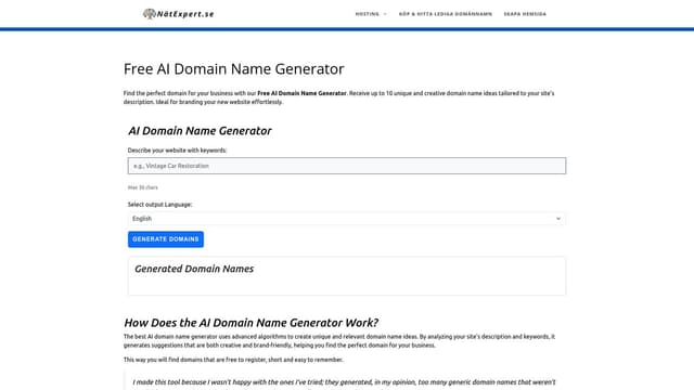 Thumbnail image for Free AI Domain Name Generator - nätexpert.se